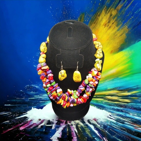 Y2K Confetti Dyed Stone Bead Necklace Howlite Multicolor Boho Chunky Nugget - Picture 1 of 12